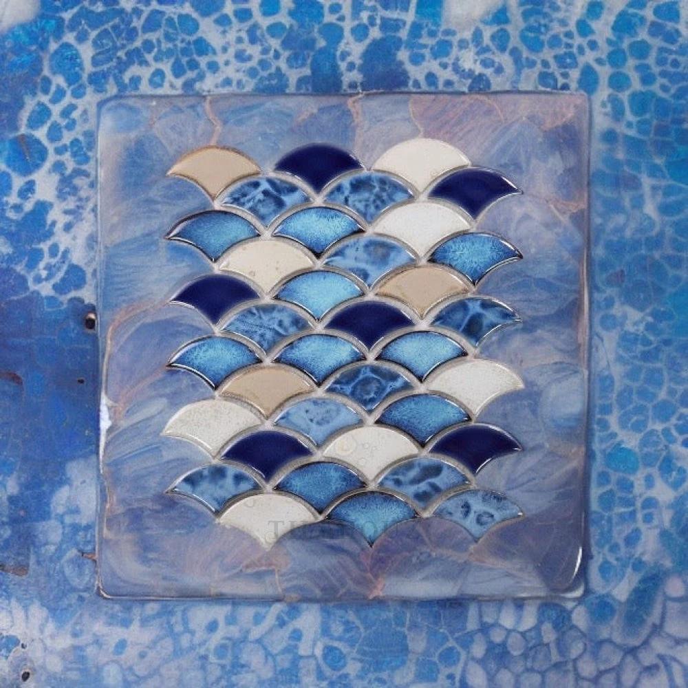 Dragon Scale Blue 10x12 Porcelain Mosaic Tile, handmade wall tile in blue and white dragon-scale pattern