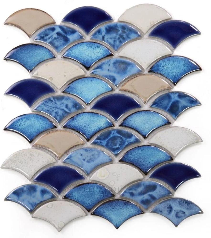 Dragon Scale Blue 10x12 porcelain mosaic tile by Tilehouz; handmade fish-scale wall & ceiling tile.