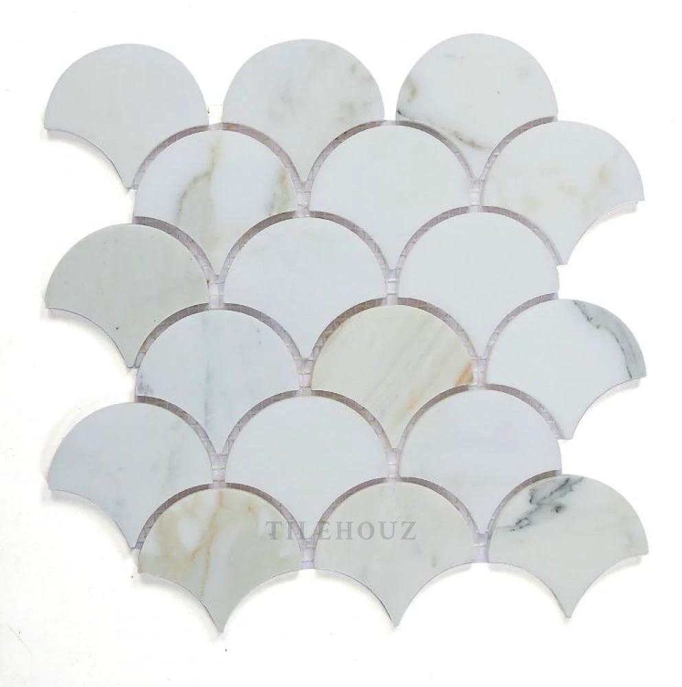 Tilehouz Dragon Scale Calacatta Gold honed marble mosaic sheet with half-moon scales