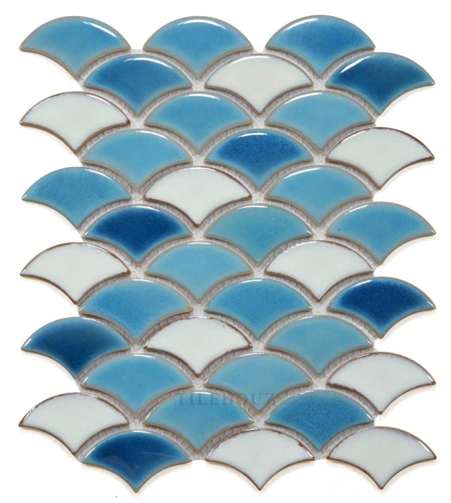 Dragon Scale Lake porcelain mosaic tile, 9.75 x 12; handmade wall/ceiling tile with blue and white scales by Tilehouz.
