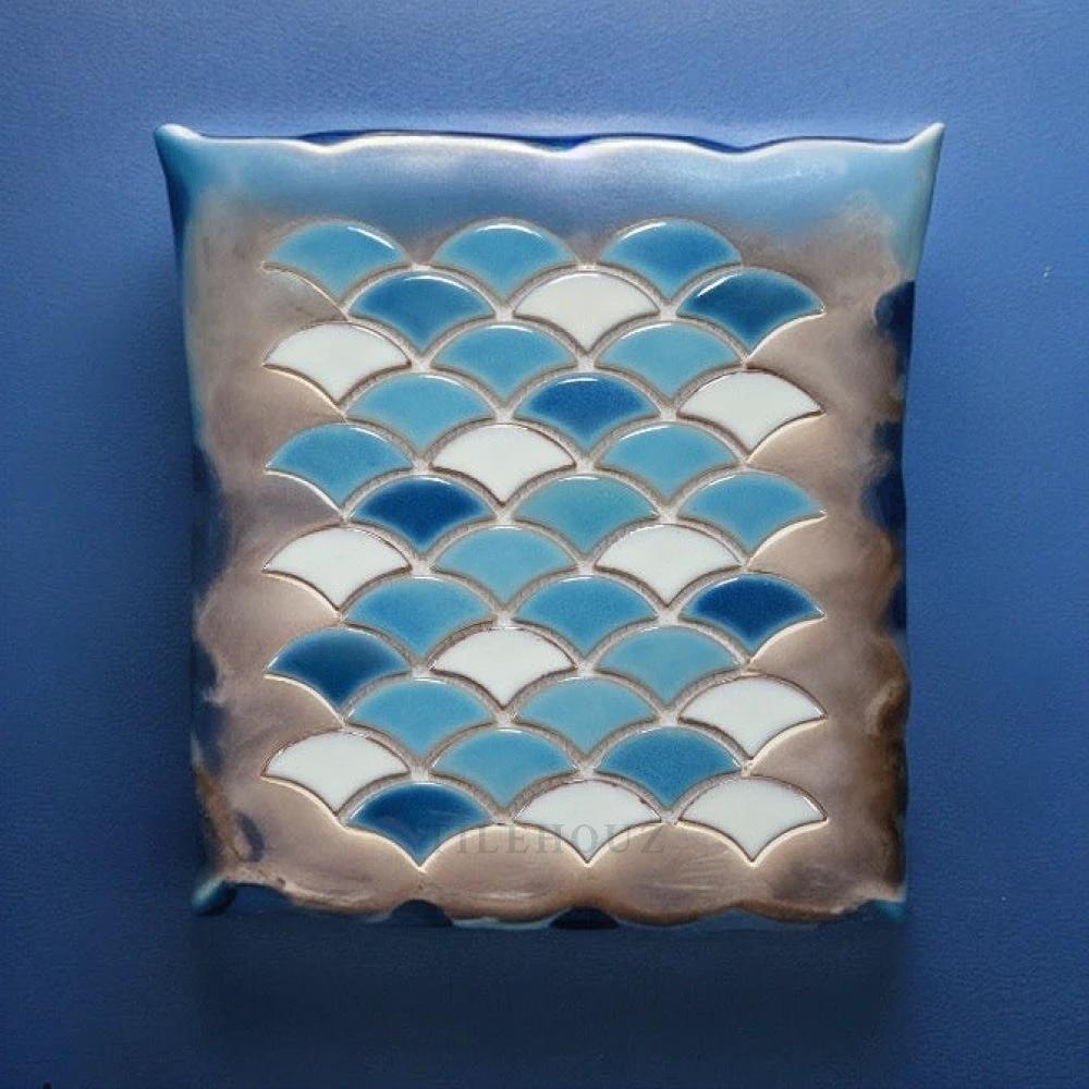 Dragon Scale Lake porcelain mosaic tile, 9.75x12, handmade blue gradient scales by Tilehouz