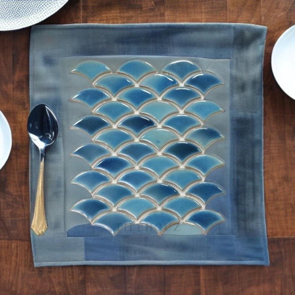 Dragon Scale Navy porcelain mosaic tile, handmade 9.75 x 12 inches; Tilehouz wall & ceiling tile sheet