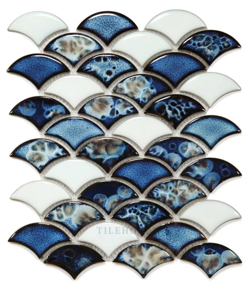 Dragon Scale Ocean porcelain mosaic tile sheet by Tilehouz, blue and white handmade porcelain, 9.75 x 12