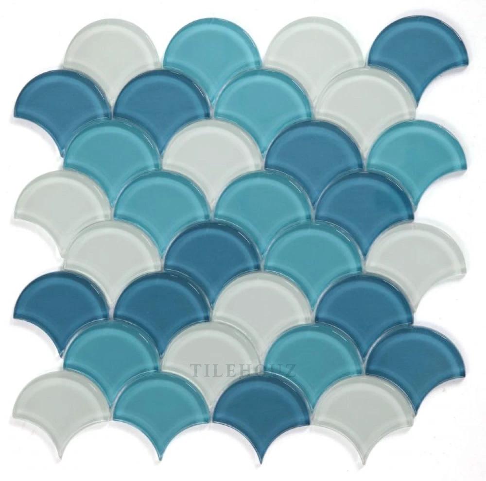 Dragon Scale Ocean Glass 12x12 mosaic tile by Tilehouz, blue and white scallop glass pattern