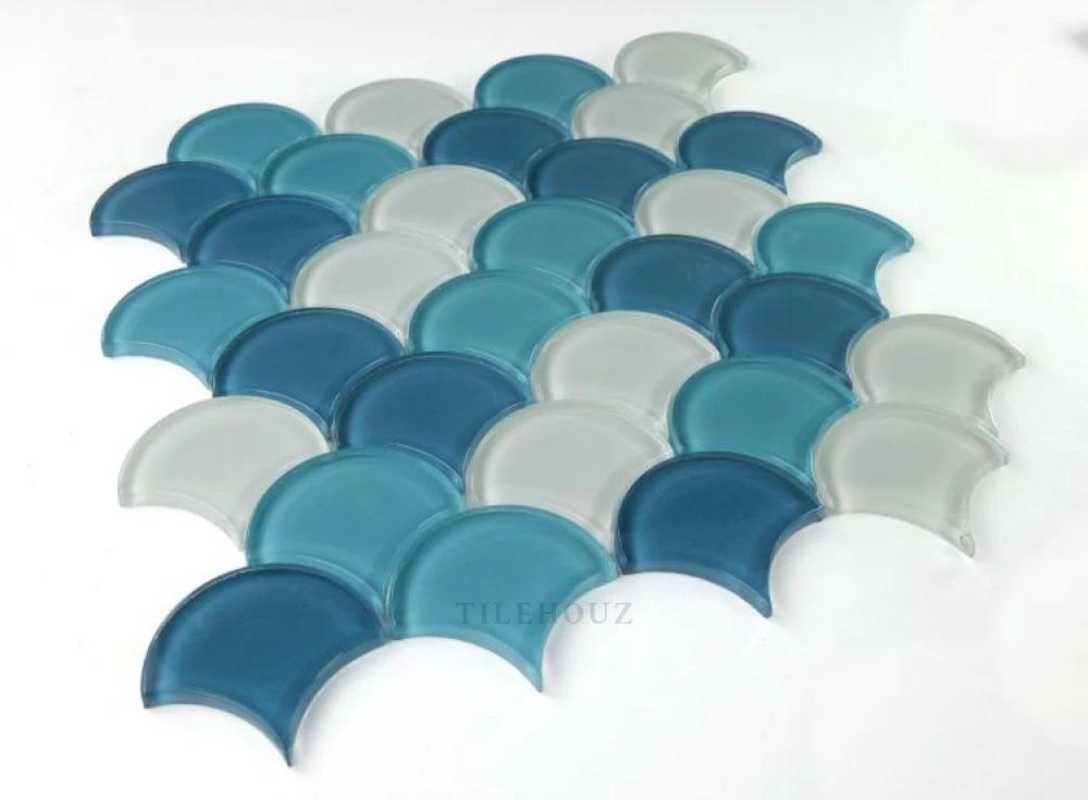 Glass mosaic dragon scale ocean tile sheet, 12x12, teal blue and white glass tiles by Tilehouz