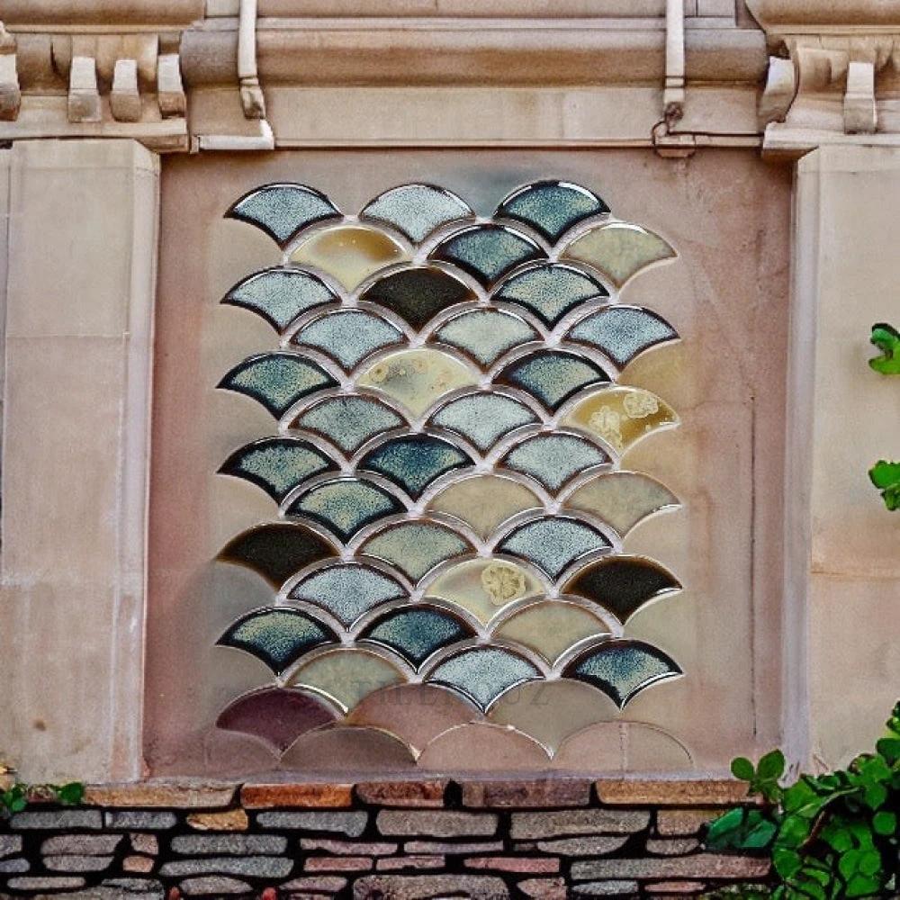 Dragon Scale Olive 10 x 12 porcelain mosaic tile, handmade wall tile with olive dragon-scale pattern.