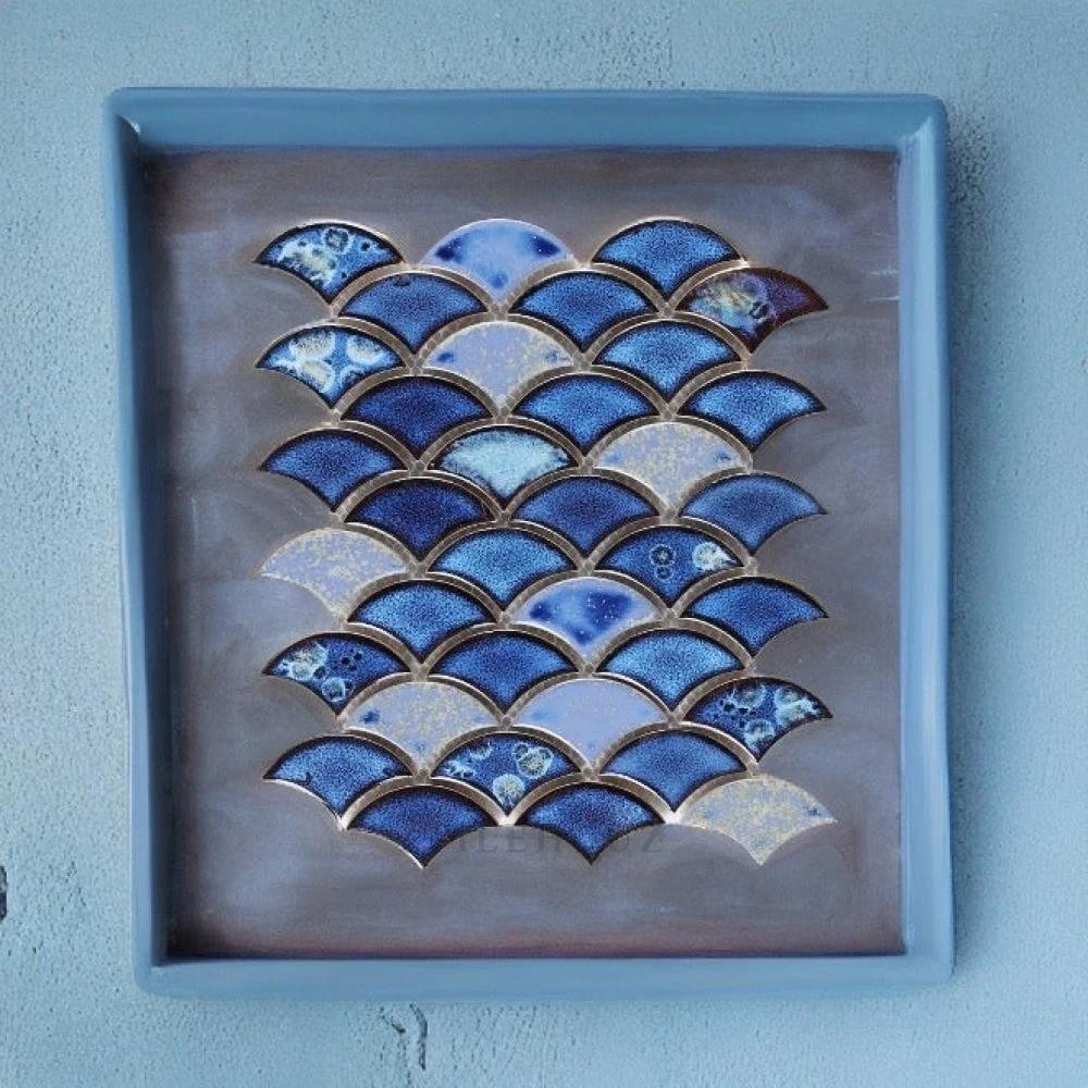 Dragon Scale Royal Blue handmade porcelain mosaic tile, 9.75 x 12, Tilehouz wall and ceiling tile with dragon-scale pattern.