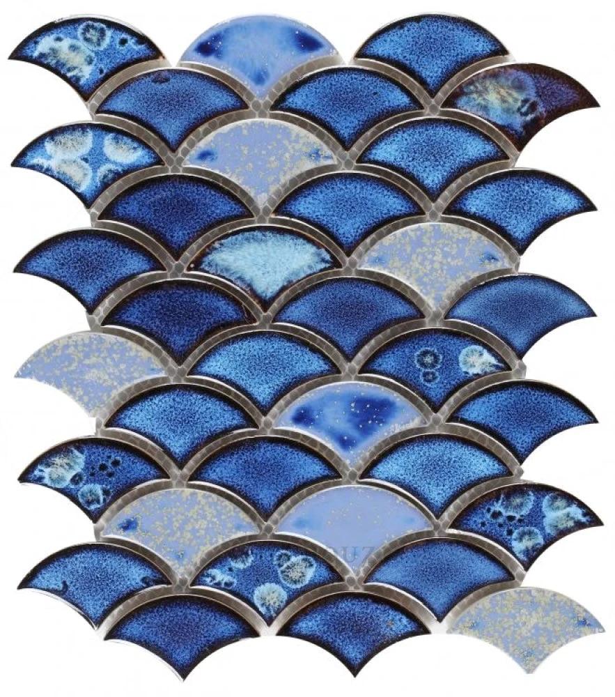 Dragon Scale Royal Blue porcelain mosaic tile by Tilehouz, handmade 9.75 x 12 for wall & ceiling