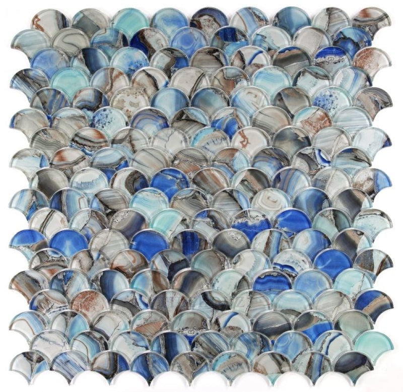 Dragon Scale Shell Blue 9.5 X 9.75 Glass Mosaic Tile