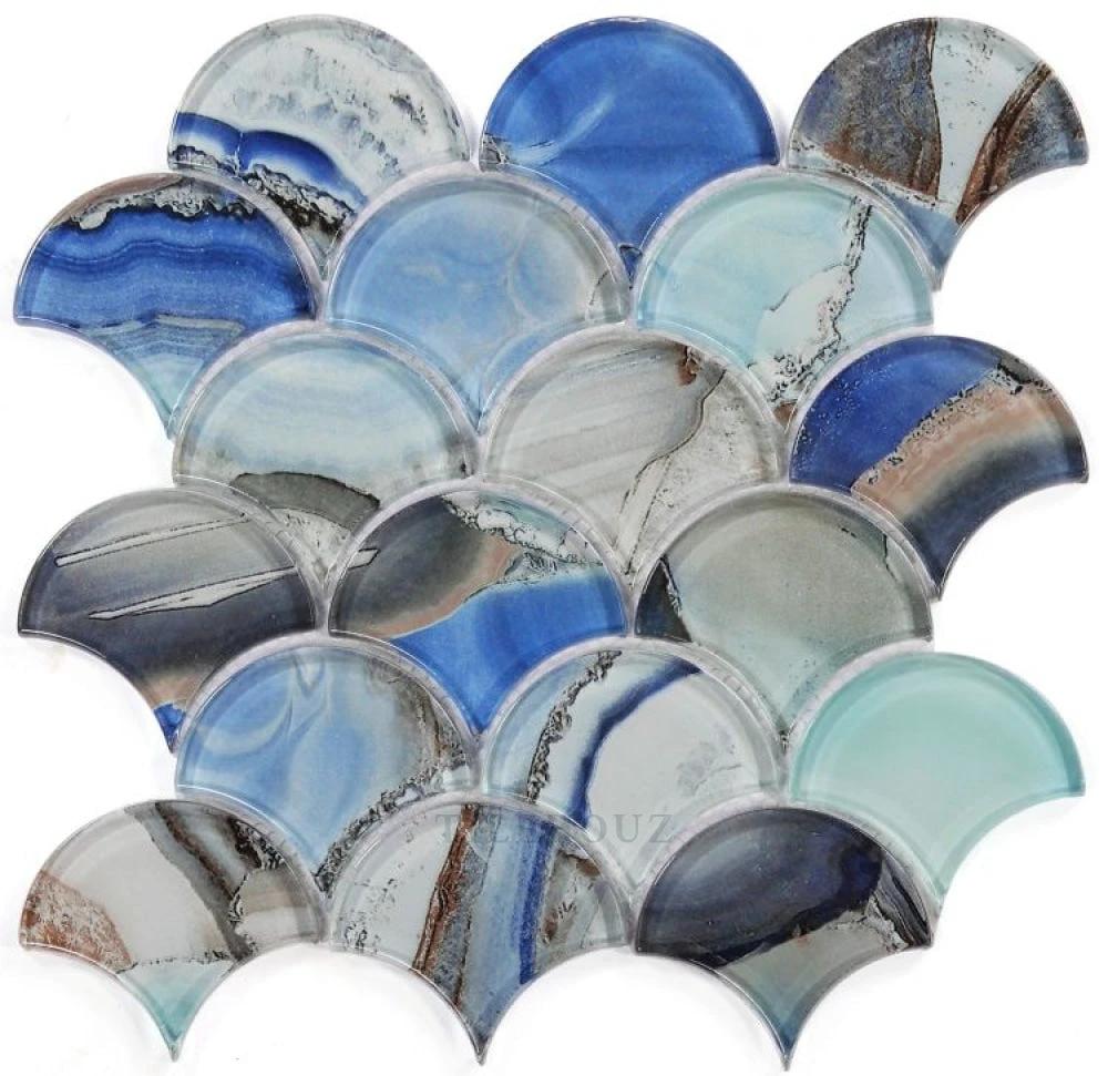 Tilehouz Dragon Scale Shell Blue glass mosaic tile sheet for wall & ceiling, 9.5 x 9.75