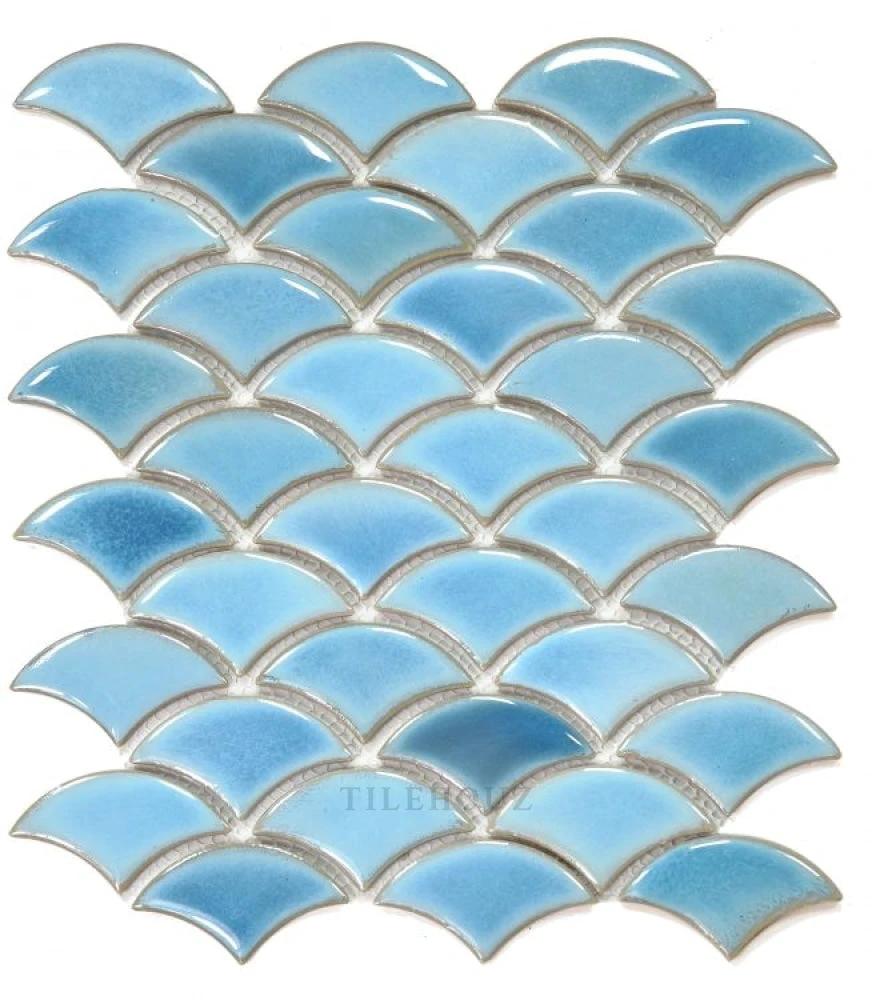 Dragon Scale Sky handmade porcelain mosaic tile sheet by Tilehouz, blue fish-scale pattern, 9.75 x 12.
