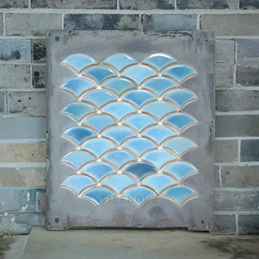 Tilehouz Dragon Scale Sky porcelain mosaic tile 9.75 x 12, handmade wall tile with blue scale pattern