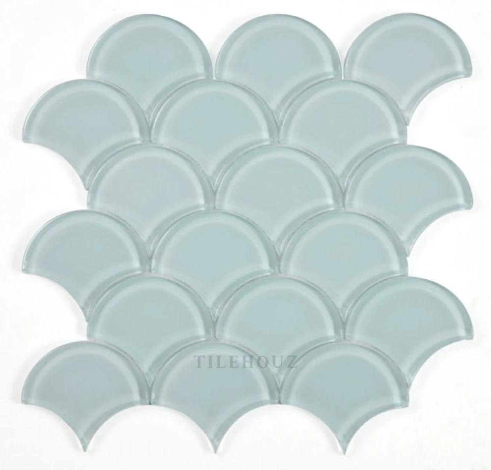 Dragon Scale Turquoise 9.5 x 9.5 glass mosaic tile sheet by Tilehouz, turquoise scale-pattern wall tile