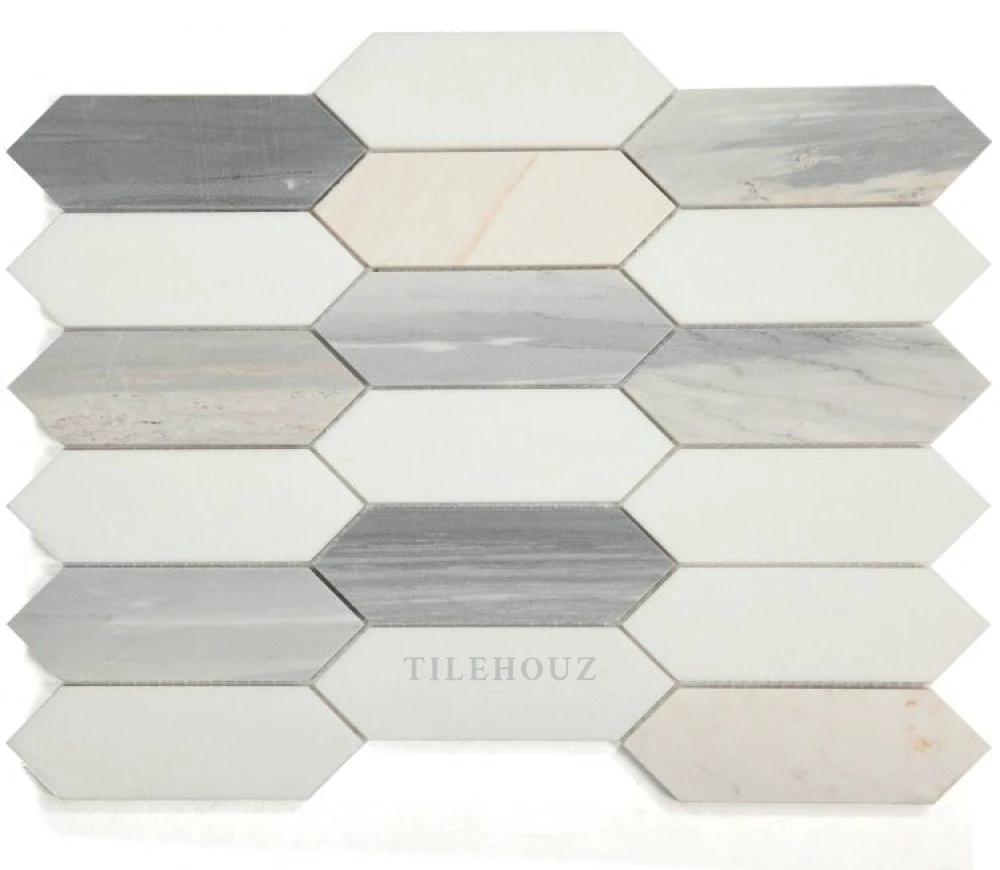 Elongated Hex Blue Marble wall tile sheet, 11.75 x 15, Tilehouz, blue-gray veining