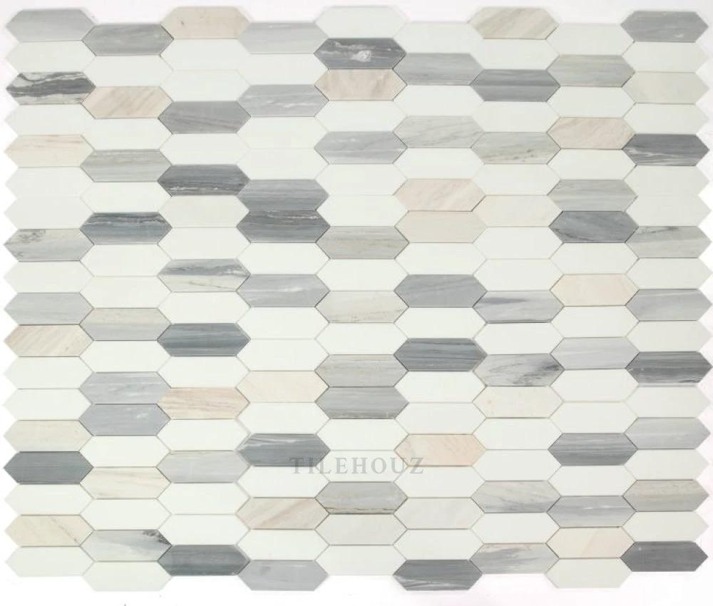 Elongated hex blue marble wall tile sheet with gray and cream hues by Tilehouz