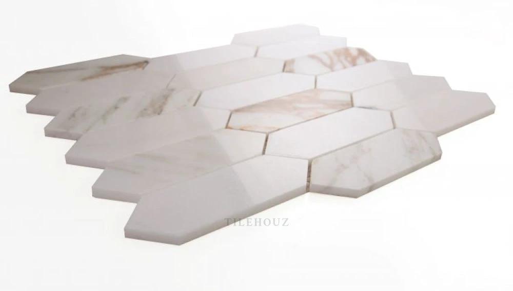 Elongated Hex Calacatta marble wall & ceiling tile 11.75 x 15 by Tilehouz