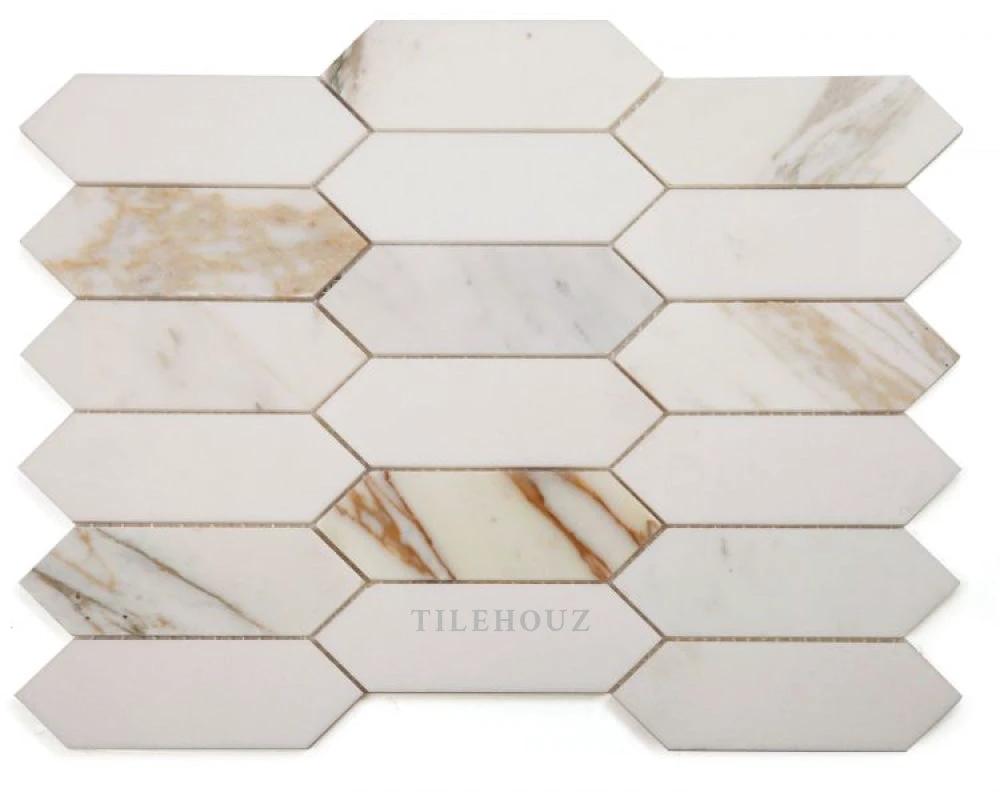 Elongated Hex Calacatta marble wall tile mosaic by Tilehouz, 11.75 x 15 inches, with natural veining