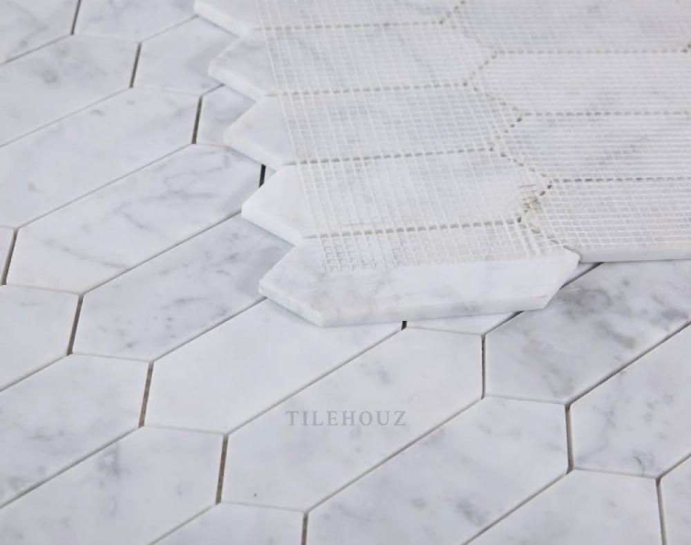Tilehouz Elongated Hex Carrara Honed marble tile 11.75 x 15 for wall & ceiling.