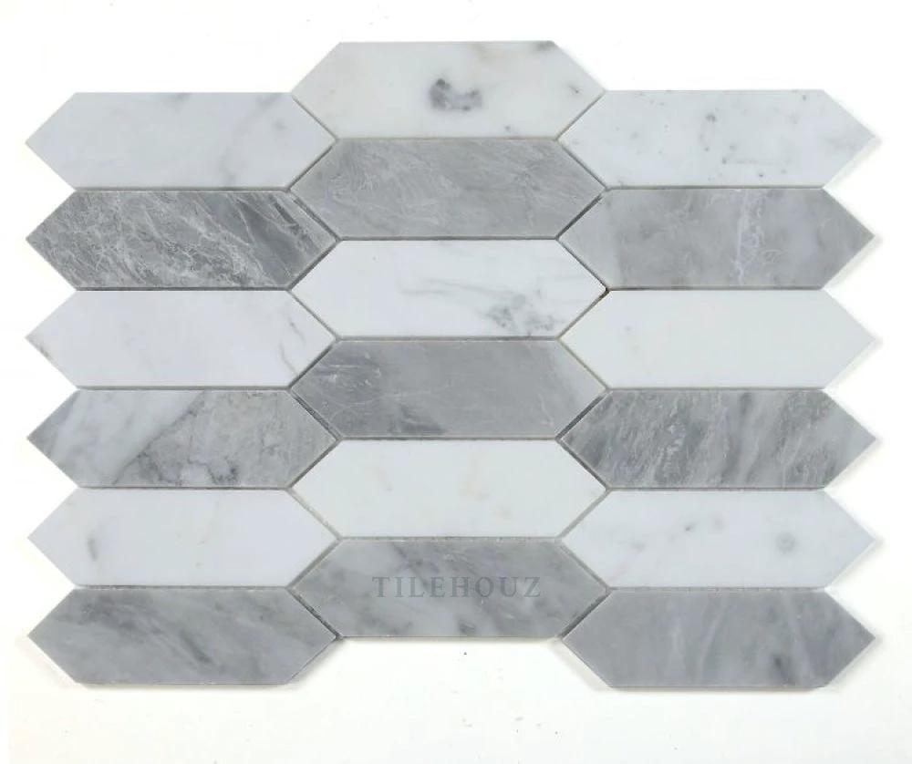 Elongated Hex Dusk marble tile sheet by Tilehouz, wall & ceiling tile, 11.75 x 15, white/gray veining