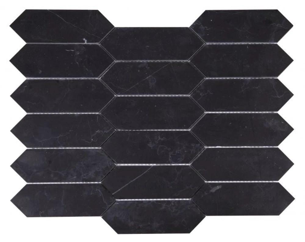 Tilehouz Elongated Hex Nero Marquina marble wall tile, black with white veining, 11.75 x 15