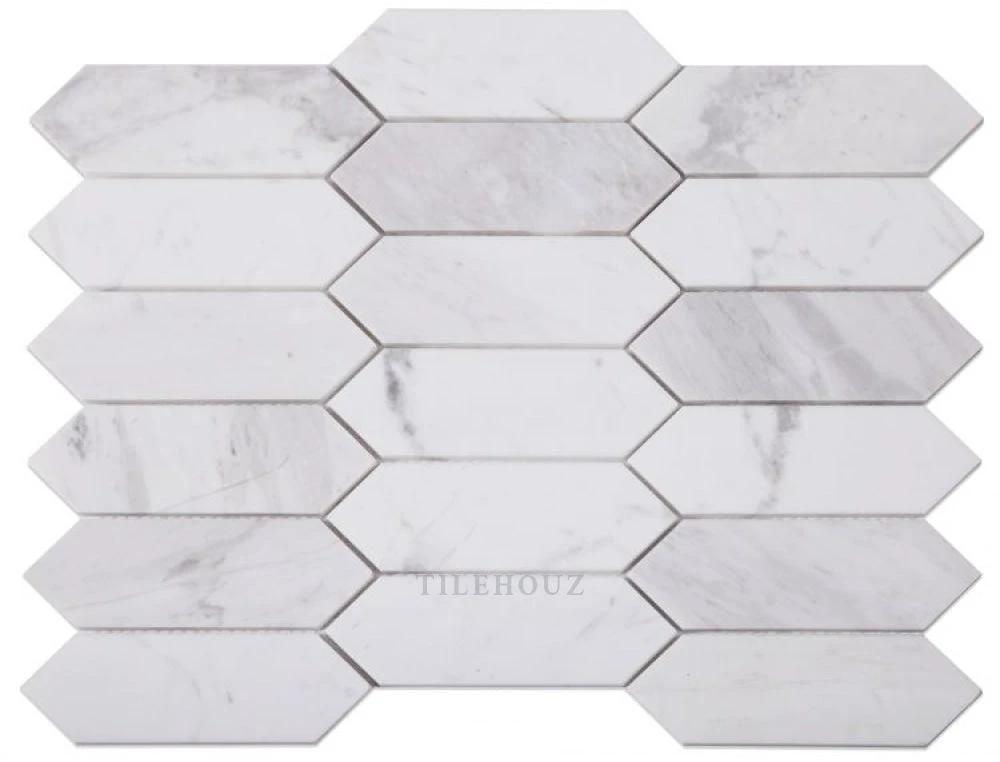 Elongated Hex White Marble Tile sheet by Tilehouz, 11.75 x 15 inches, wall & ceiling mosaic