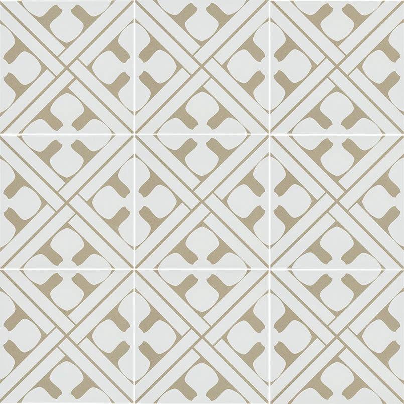 Zaria Elora 8x8 encaustic-look porcelain wall tiles by Tilehouz, beige geometric pattern (16 tiles shown)
