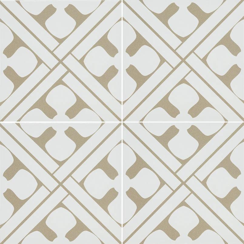 Zaria Elora 8x8 encaustic-look porcelain tile, Tilehouz wall/ceiling tile, white and taupe pattern (set of 4)