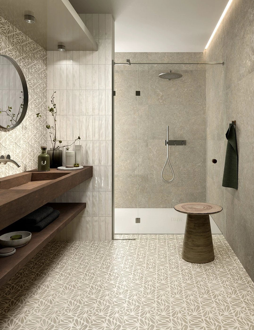 Terracreta Intarsio Chamotte porcelain tile 8.5x10 by Tilehouz shown in a bathroom with a patterned floor