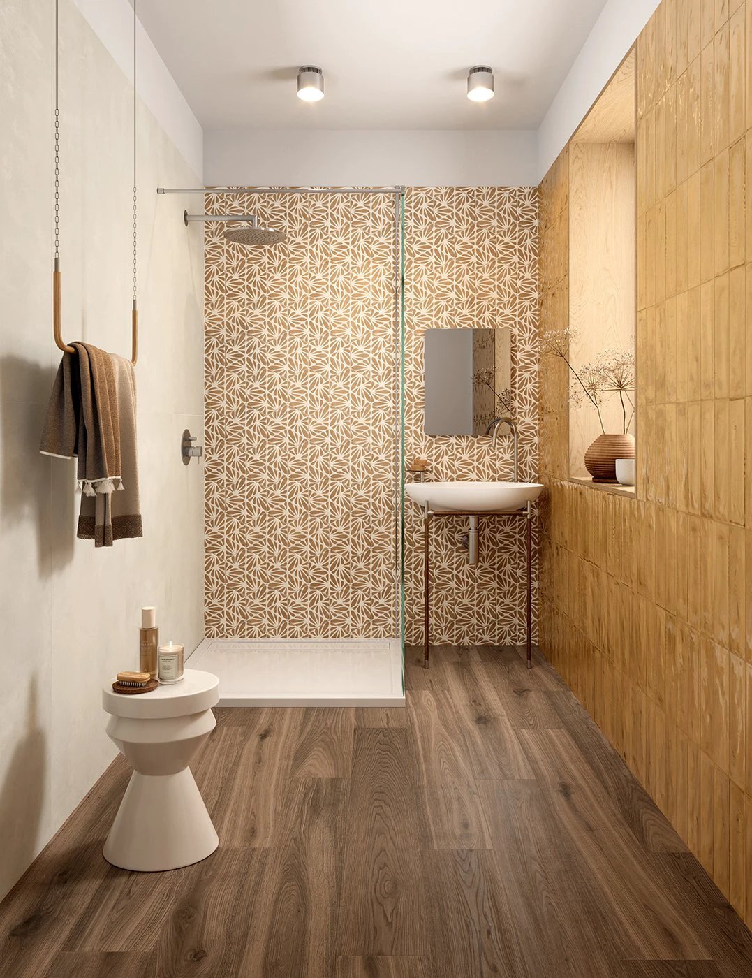 Terracreta Intarsio Argilla hexagon porcelain tile 8.5x10 on shower wall in beige pattern