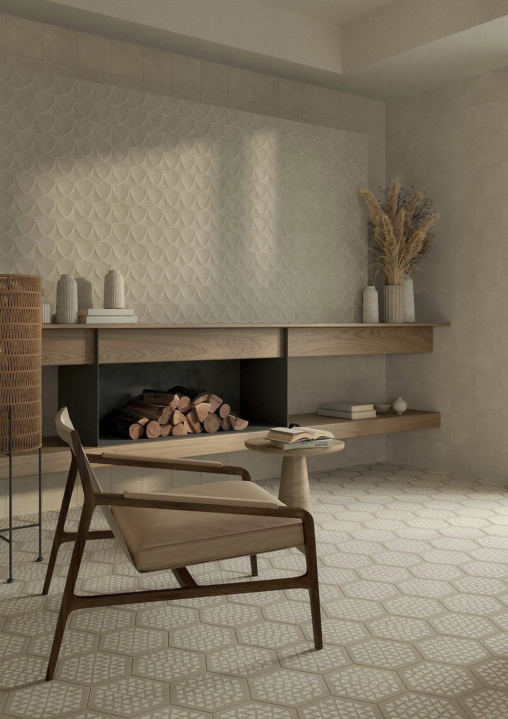 Terracreta Intarsio Argilla hexagon porcelain tile 8.5x10 by Tilehouz, beige wall and floor pattern