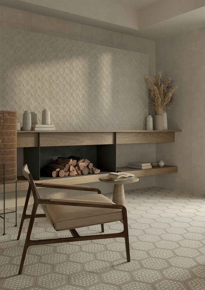Terracreta Intarsio Argilla hexagon porcelain tile 8.5x10 by Tilehouz, beige wall and floor pattern