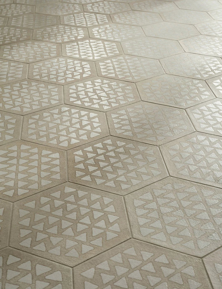 Terracreta Intarsio Argilla hexagon porcelain tile beige with white triangle pattern, Tilehouz