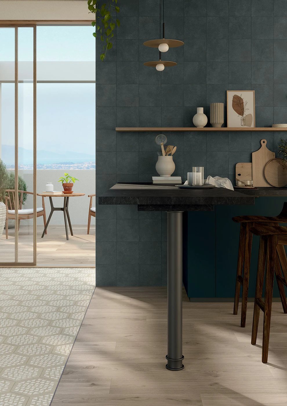 Terracreta intarsio argilla hexagon porcelain wall tile, 8.5x10, in deep teal shown in a modern kitchen setting