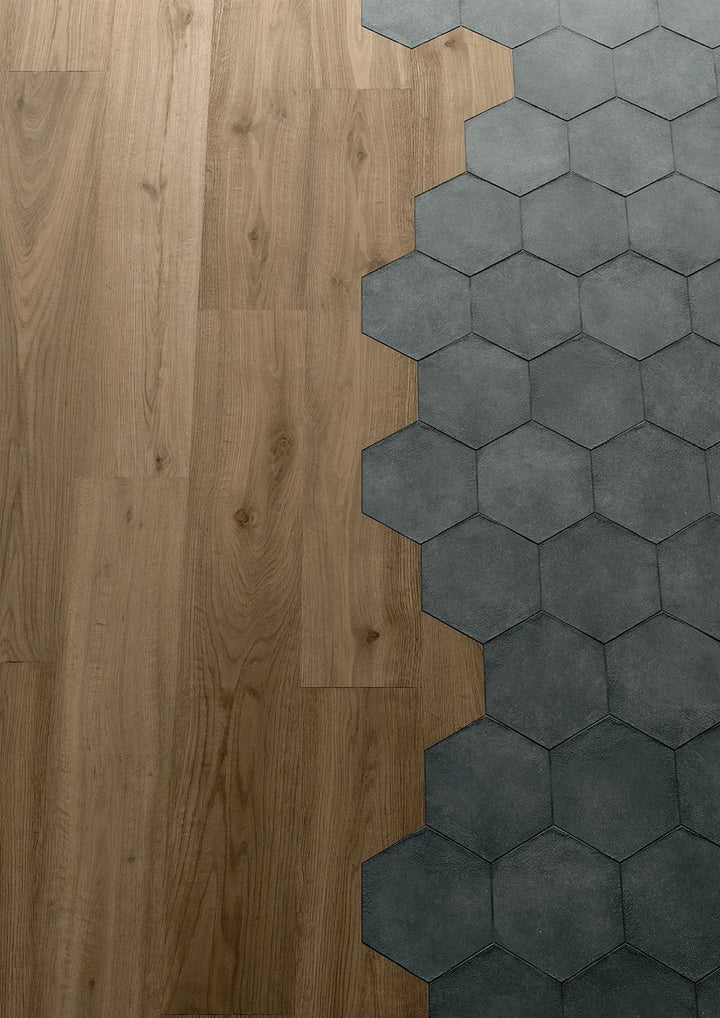 Terracreta Intarsio Argilla hexagon porcelain tile, 8.5x10, Tilehouz Terracreta collection.