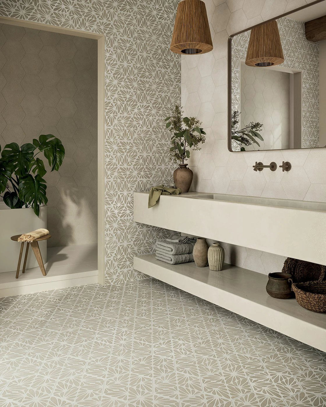 Terracreta Intarsio Argilla hexagon porcelain tile 8.5x10; beige wall and ceiling tile with geometric pattern.