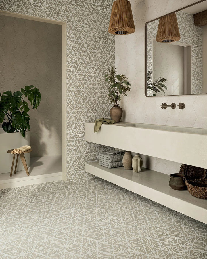 Terracreta Intarsio Argilla hexagon porcelain tile 8.5x10; beige wall and ceiling tile with geometric pattern.