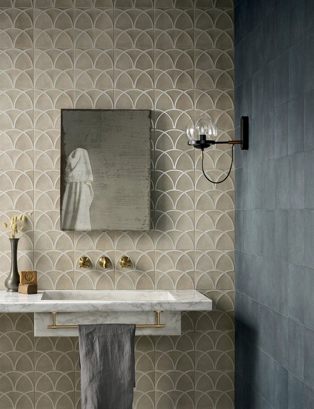 Terracreta Intarsio Argilla hexagon porcelain tile 8.5x10 by Tilehouz; beige arched wall tile from the Terracreta collection