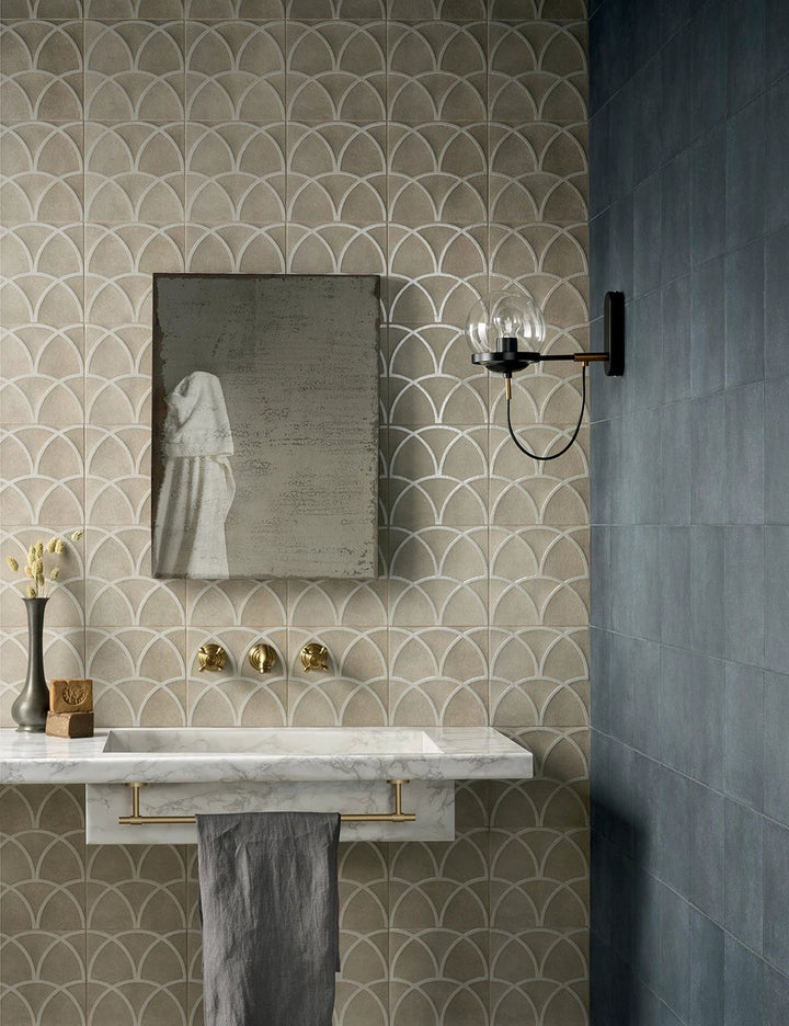 Terracreta Intarsio Argilla hexagon porcelain tile 8.5x10 by Tilehouz; beige arched wall tile from the Terracreta collection