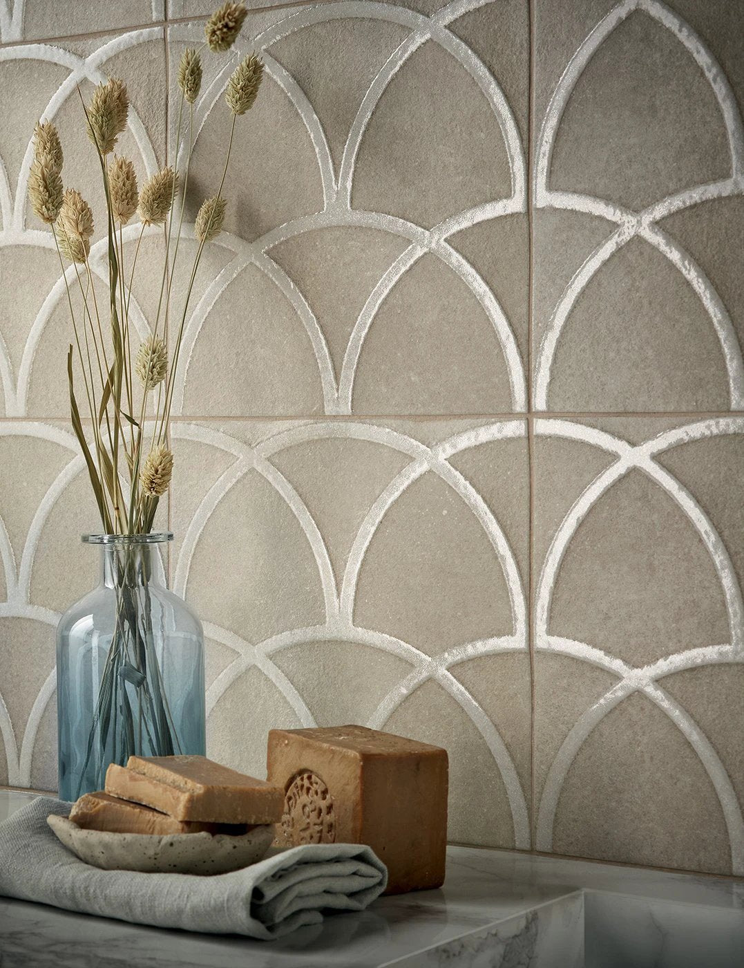Terracreta Intarsio Argilla hexagon porcelain wall tile by Tilehouz, beige arched pattern, 8.5x10