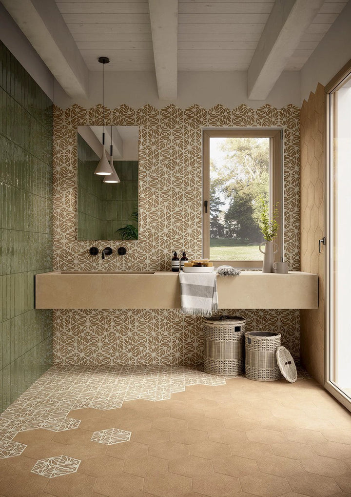 Terracreta Argilla hexagon porcelain tile 8.5x10 by Tilehouz in beige-tan pattern