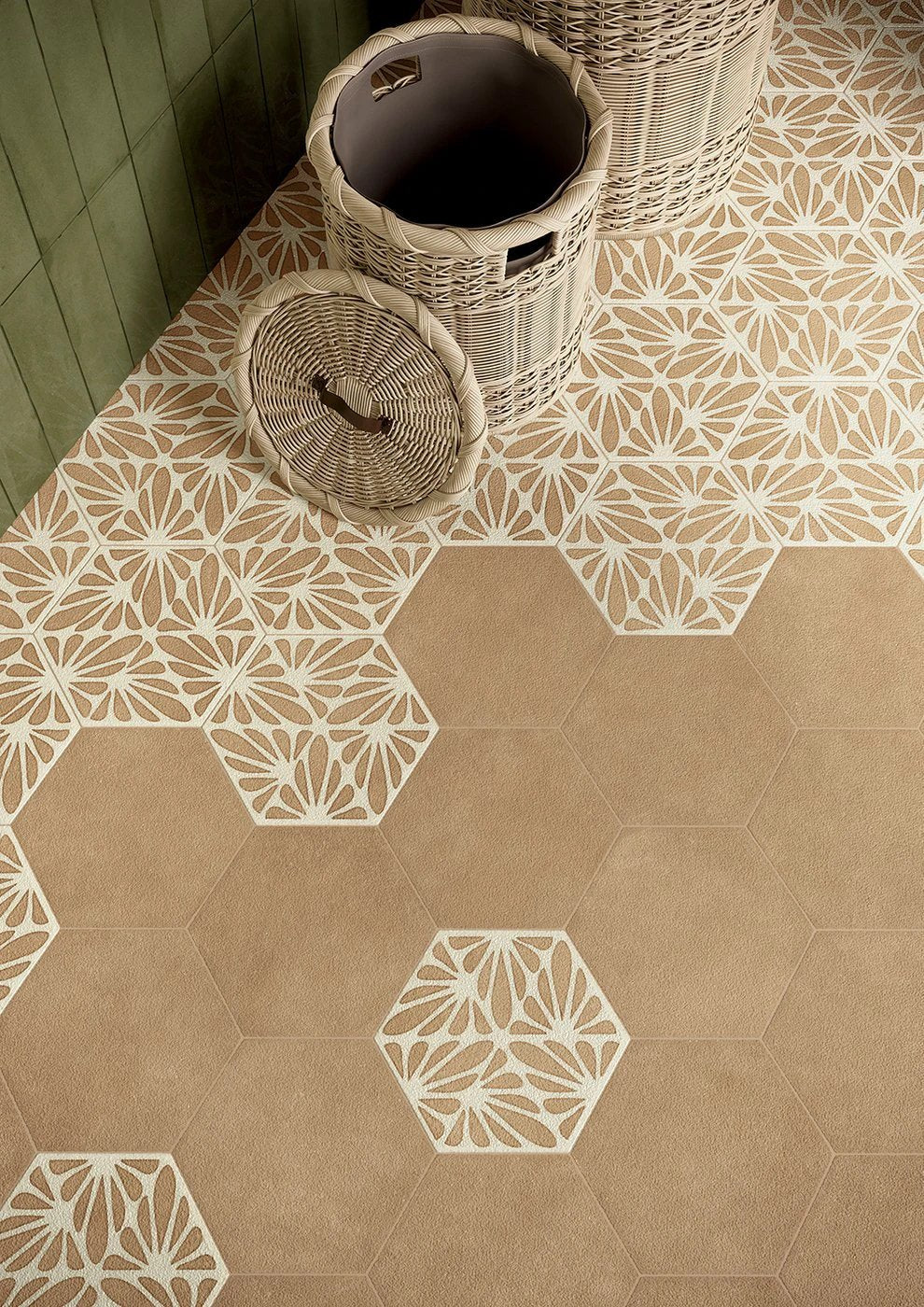 Terracreta Intarsio Argilla hexagon porcelain tile 8.5x10 in tan tones with white floral lattice pattern