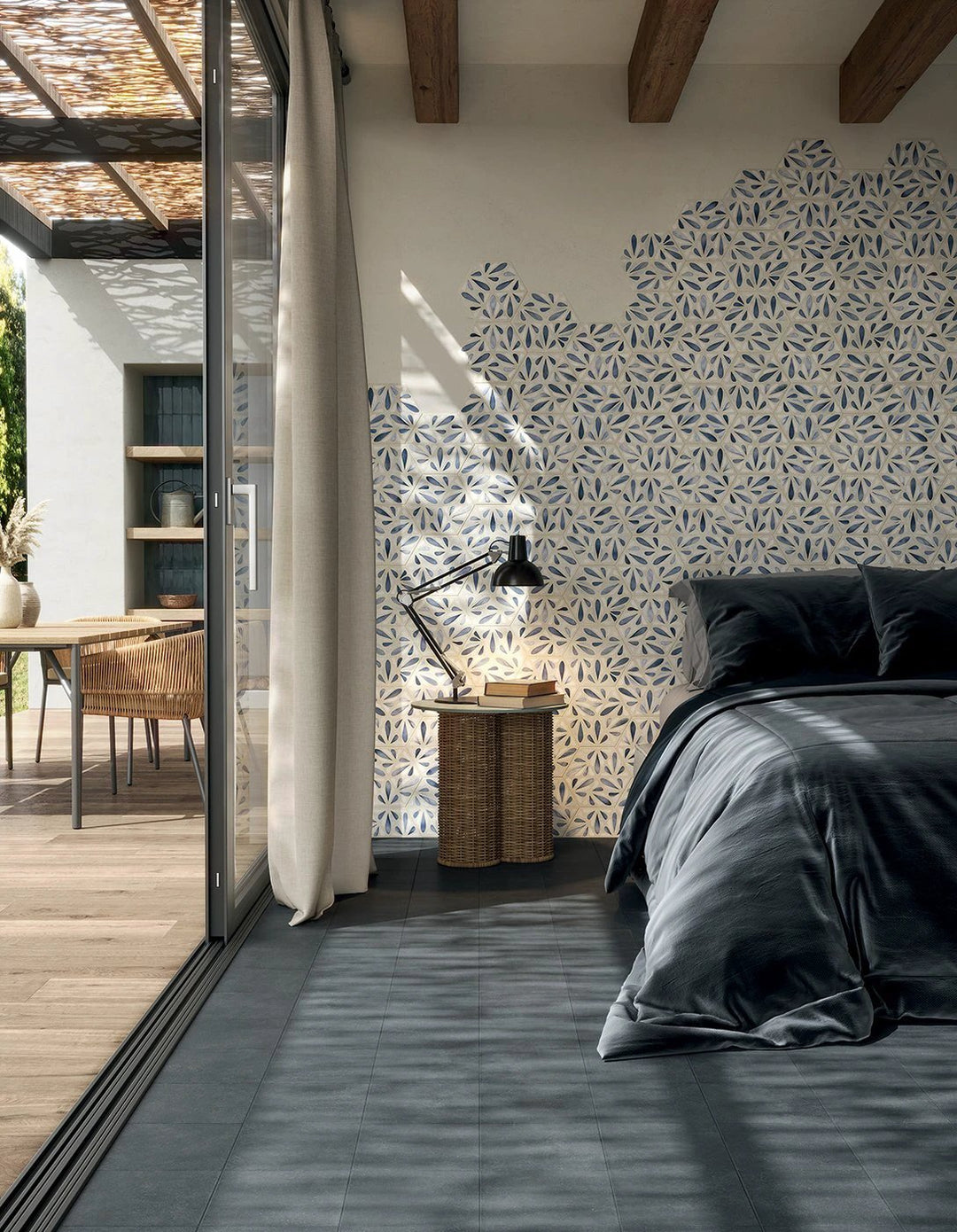 Terracreta Argilla hexagon porcelain wall tile 8.5x10 in blue leaf pattern by Tilehouz