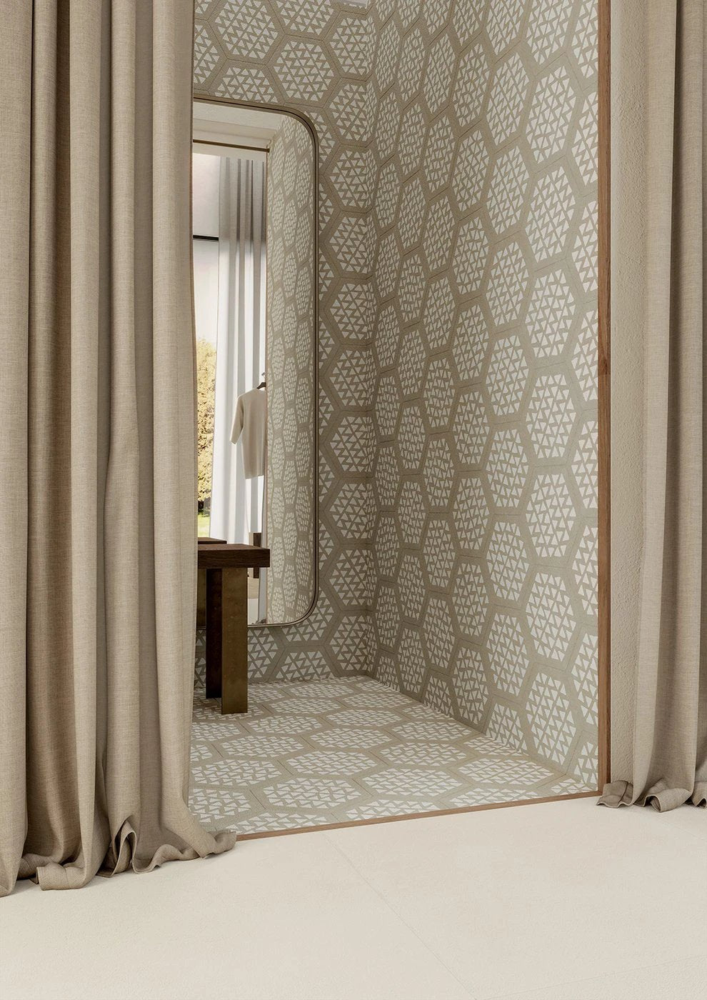 Terracreta Intarsio Argilla hexagon porcelain tile by Tilehouz; beige taupe pattern for wall and floor.