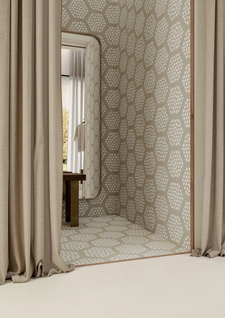 Terracreta Intarsio Argilla hexagon porcelain tile by Tilehouz; beige taupe pattern for wall and floor.