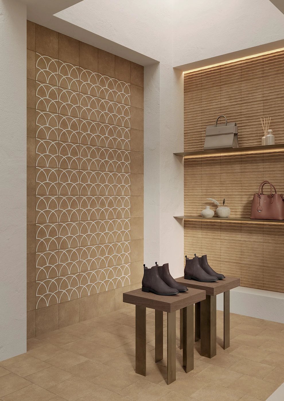 Tilehouz Terracreta Intarsio Argilla hexagon porcelain wall tile with white arch pattern in warm terracotta