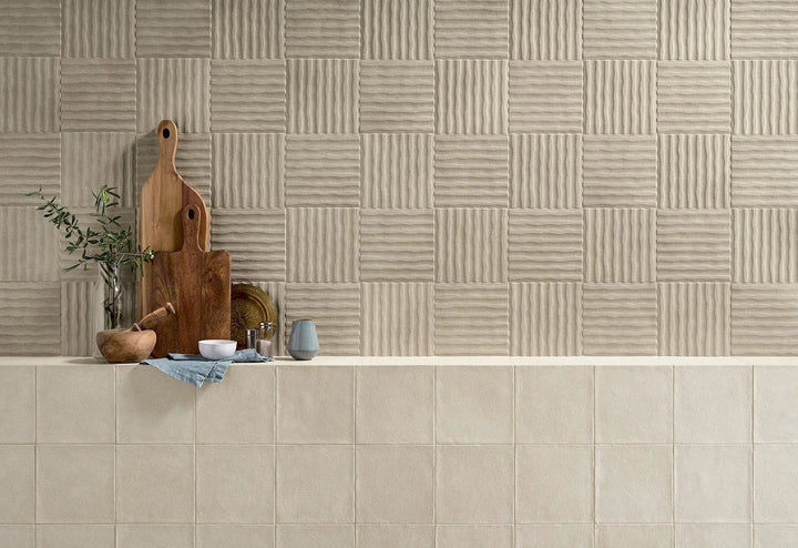 Terracreta Intarsio Argilla hexagon porcelain wall tile, beige ribbed texture, 8.5x10