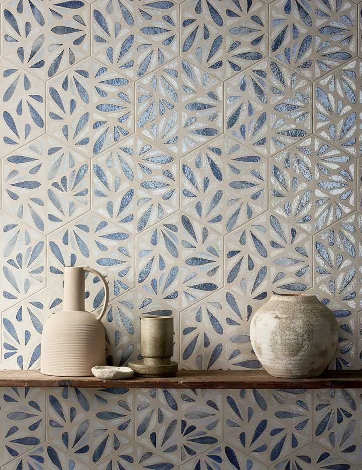 TERRACRETA Intarsio Argilla hexagon porcelain tile 8.5x10 - beige with blue leaf inlay pattern, Tilehouz