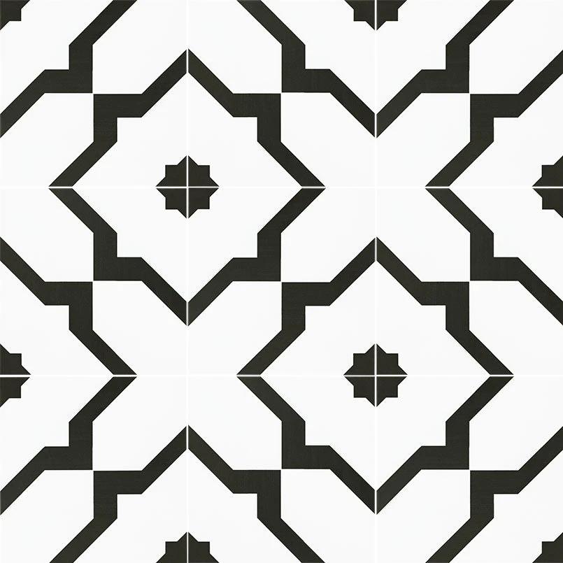 Zaria Gia 8x8 encaustic-look porcelain tile by Tilehouz; black geometric pattern on white for walls and ceilings.