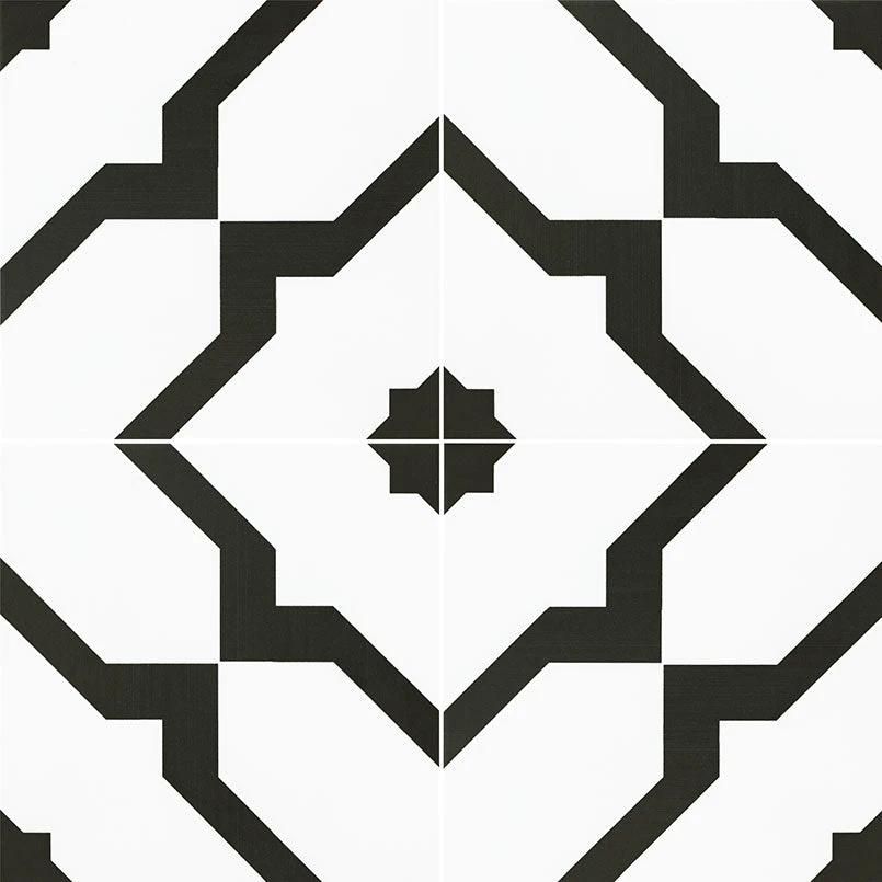 Zaria Gia 8x8 encaustic-look porcelain tile by Tilehouz, black geometric wall/ceiling tile on white.