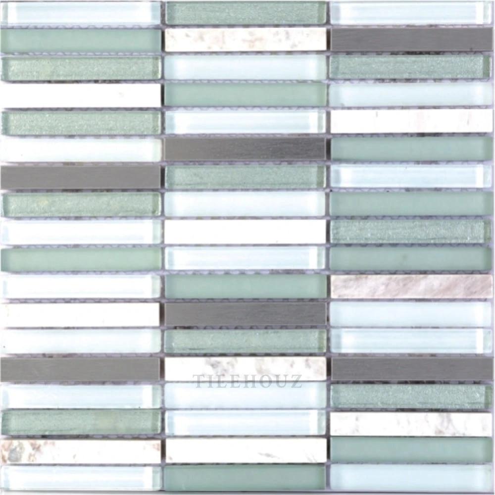 Tilehouz Green Band 12x12 Glass Mosaic tile in green and white